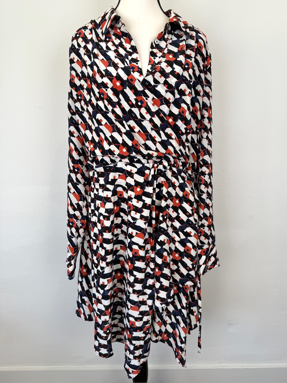 Jason Wu Size 14 100% Silk Abstract Print Wrap Tie Long Sleeve Dress